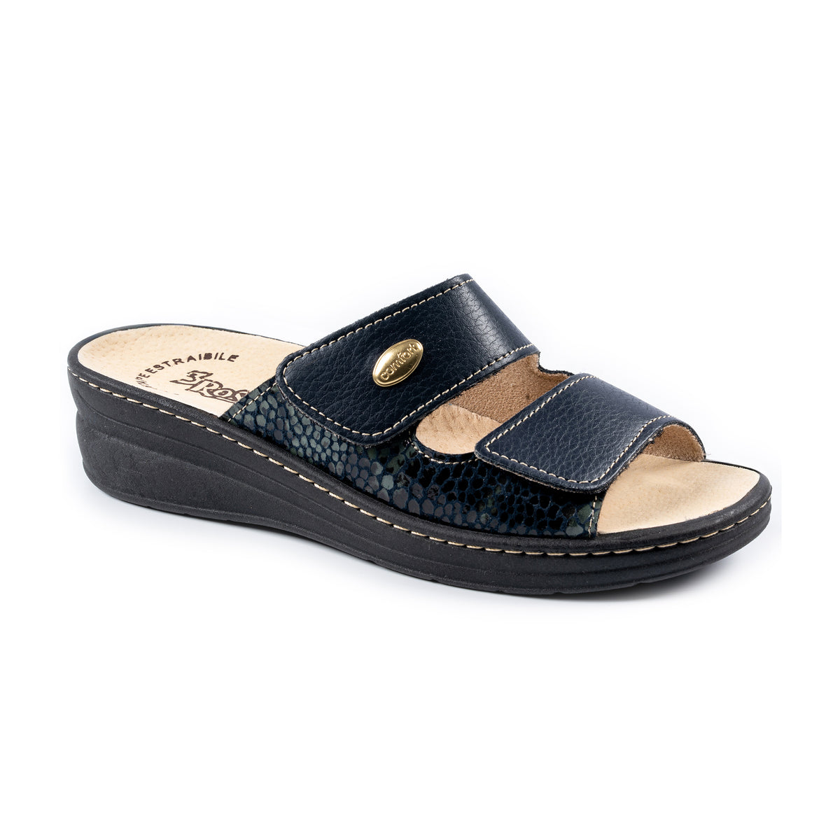 Ciabatta donna doppia fascia con velcro blu Art. 180 - 3 Rose