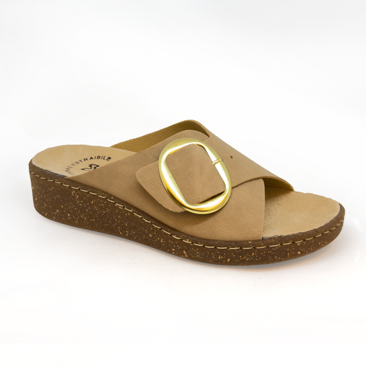 Ciabatta donna con fibbia e zeppa effetto sughero beige Art. 385 - 3 Rose