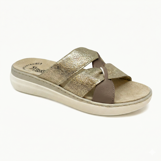 Ciabatta donna laminata con fascia effetto nodo camel Art. 400 - 3 Rose